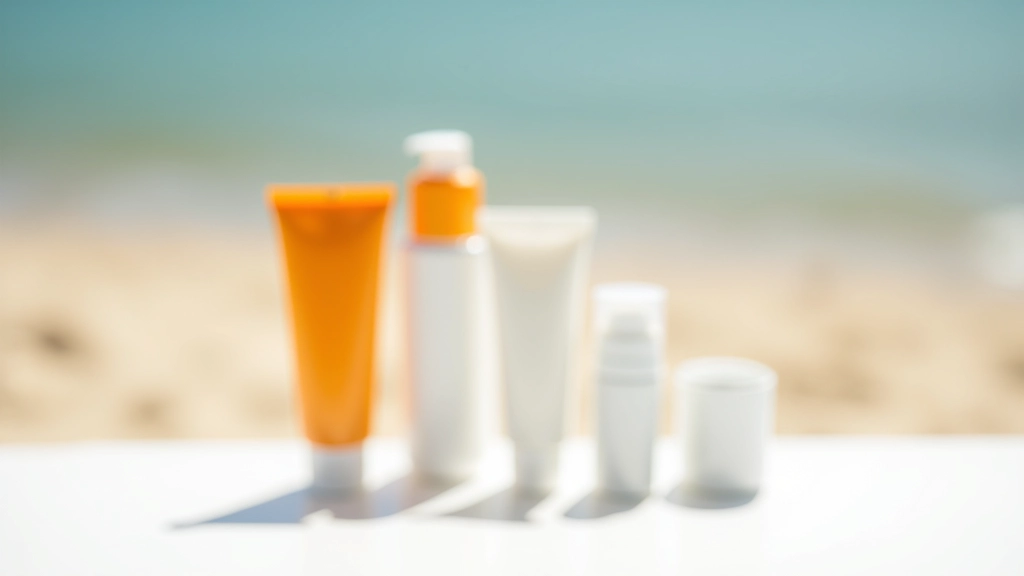 Skirtingų SPF saulės apsaugos priemonės plastikiniu indelyje prie vandens