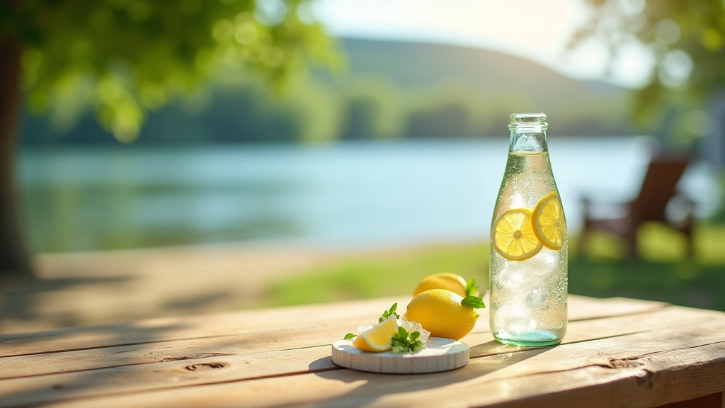 Skaidri butelis šalto vandens su limonado ir ledais prie ežero