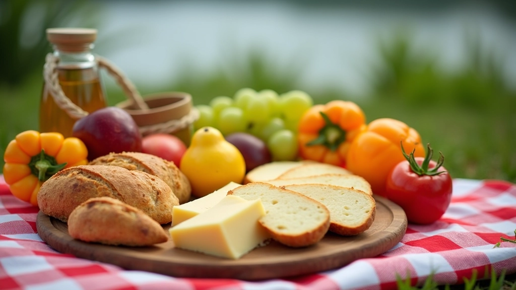 Sveiki patiekalai piknikui — sūris, duona, vaisiai